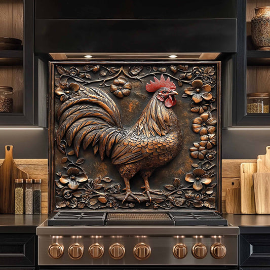 Decorative glass backsplash with a rooster design above a stove in a kitchen setting.
