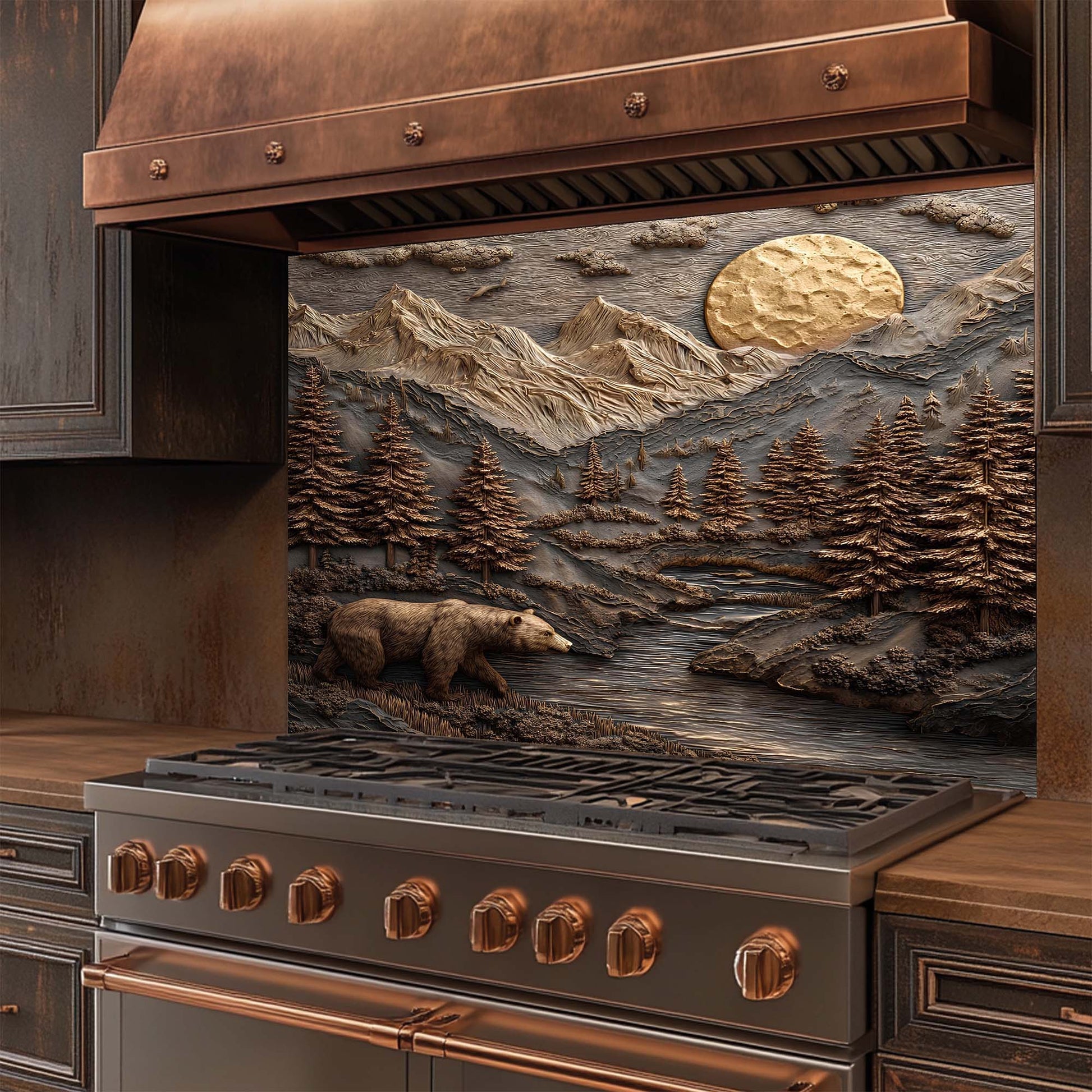 Stainless steel stove with copper accents and a decorative mountain scene glass backsplash.