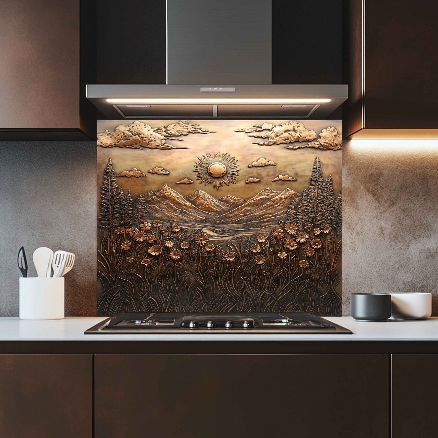 Decorative kitchen backsplash with nature-themed design featuring mountains, sun, and trees.