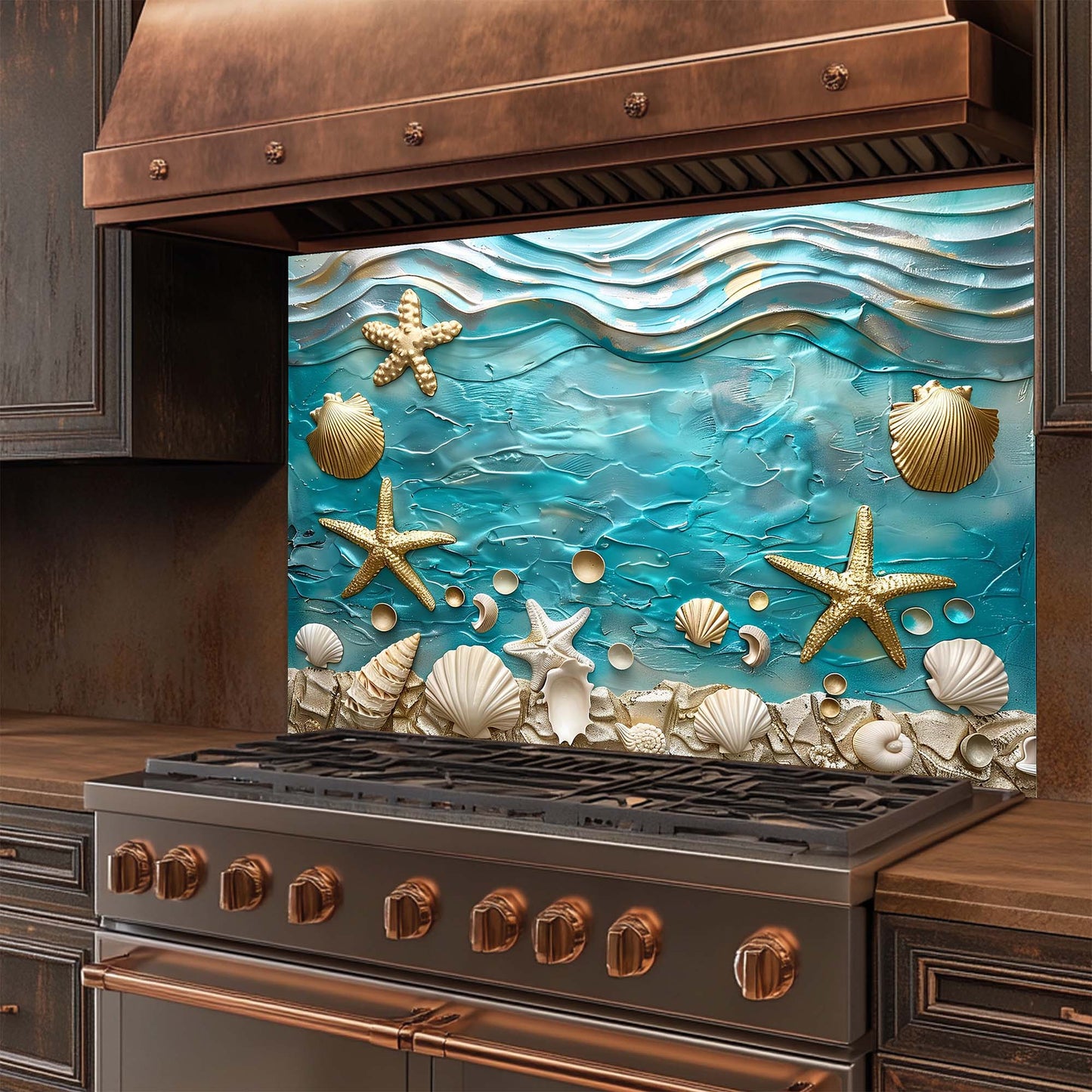 Stainless steel stove with decorative glass backsplash featuring ocean-themed artwork.