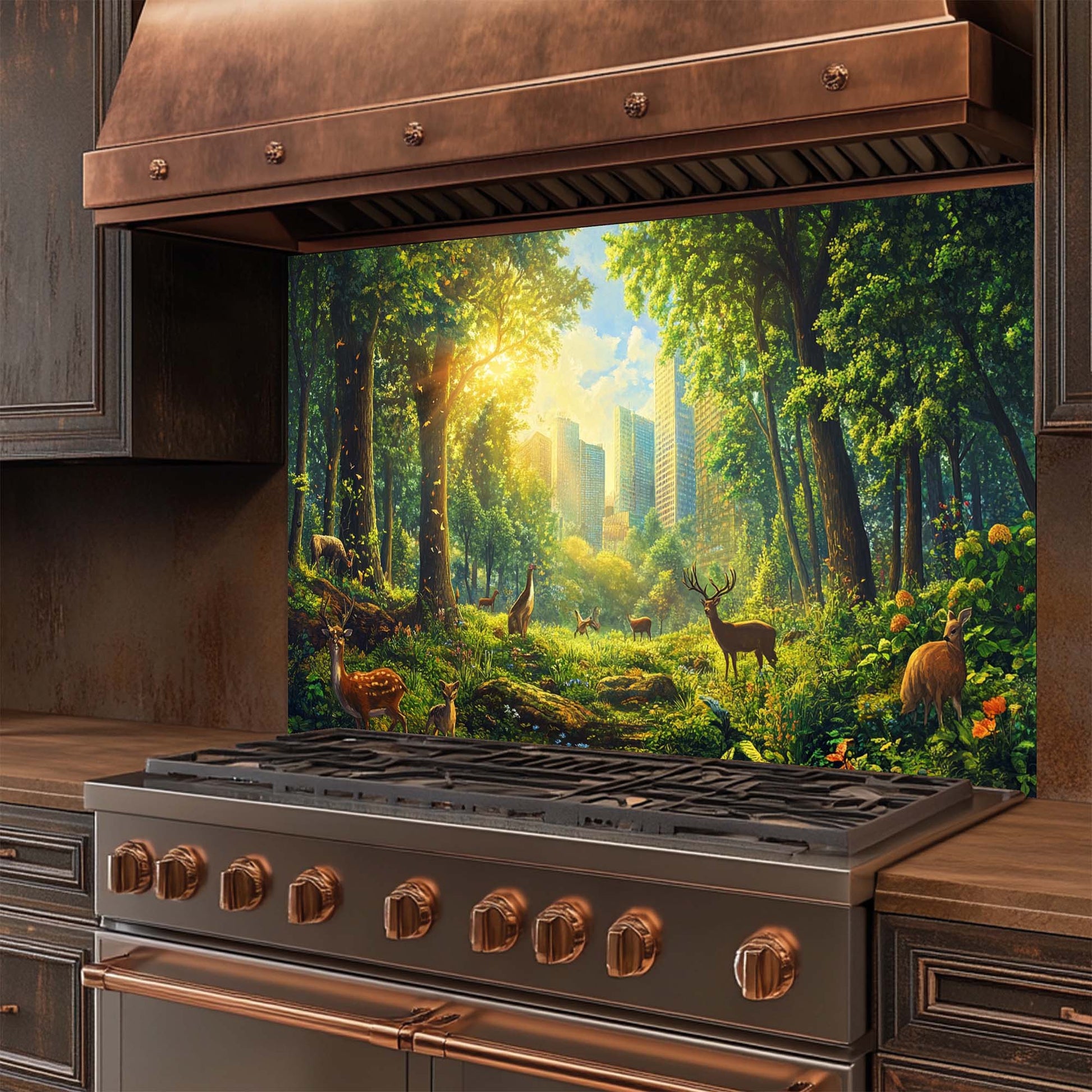 Kitchen stove with a forest glass backsplash