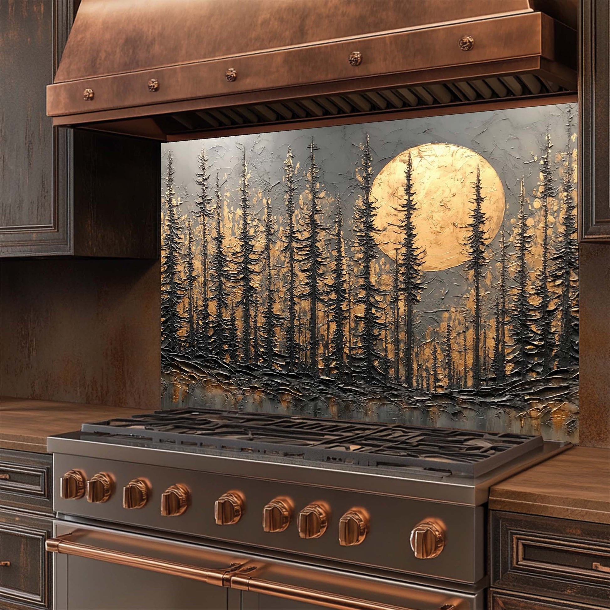 Stainless steel stove with copper accents and a decorative glass backsplash of trees and a moon.