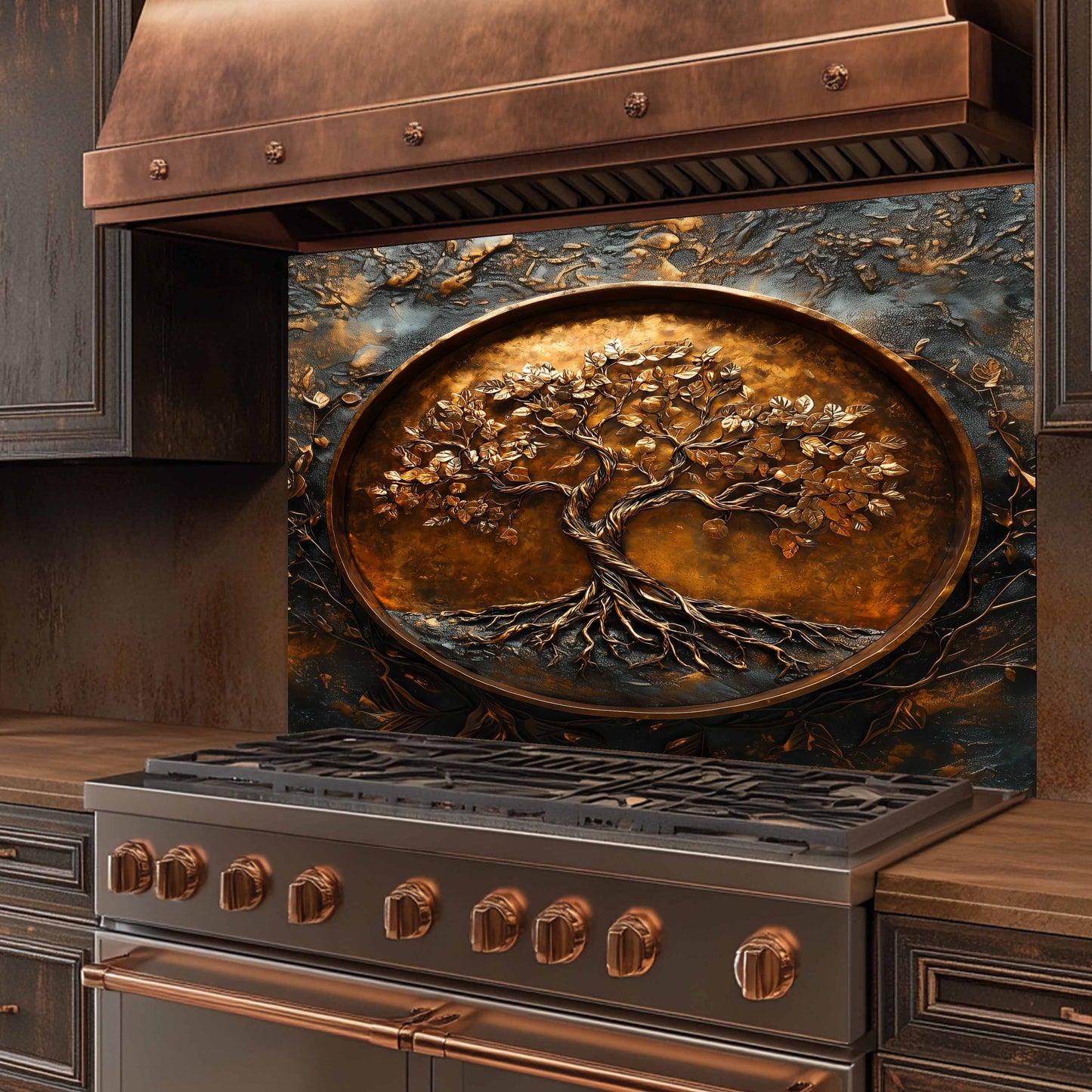 Stainless steel stove with decorative copper look backsplash featuring a tree design.