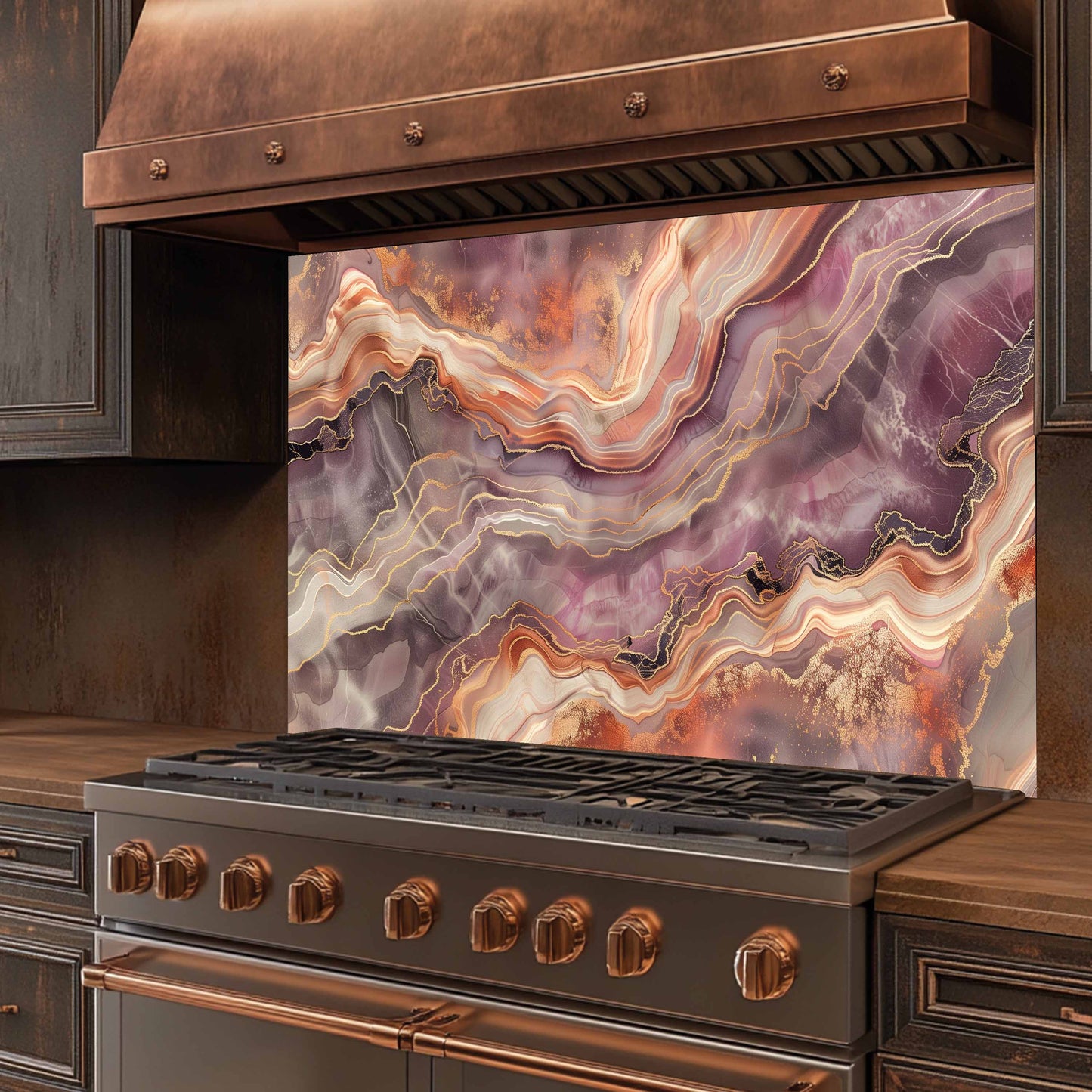 Stainless steel stove with copper accents and a colorful agate-style backsplash.