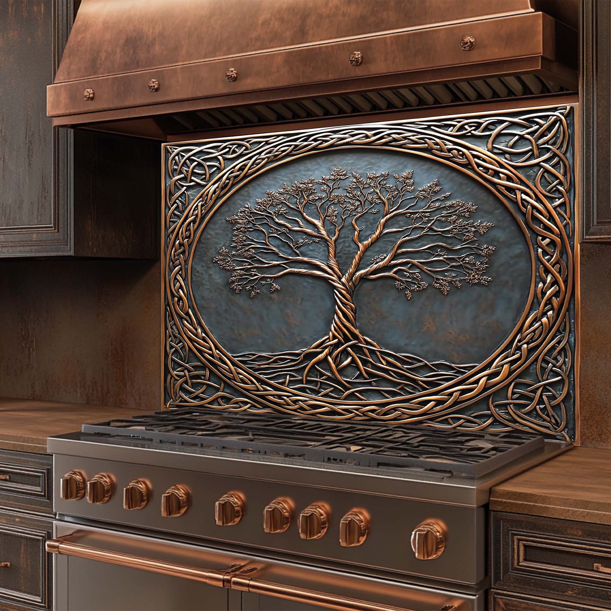Decorative stove with tree design on the glass backsplash in a kitchen setting