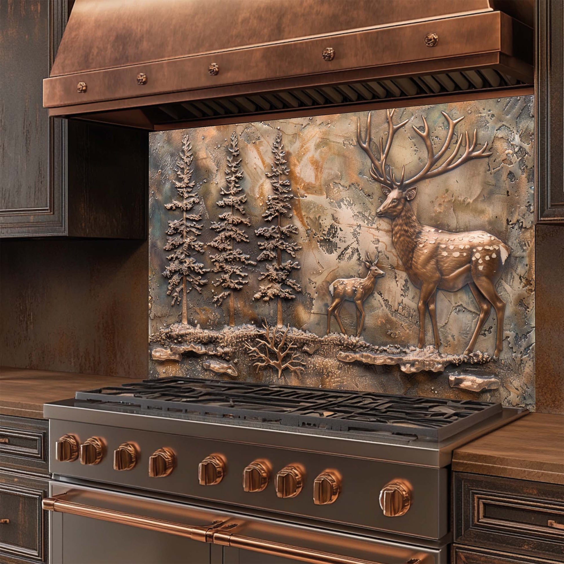 Stainless steel stove with copper accents and a decorative glass backsplash featuring deer and trees.