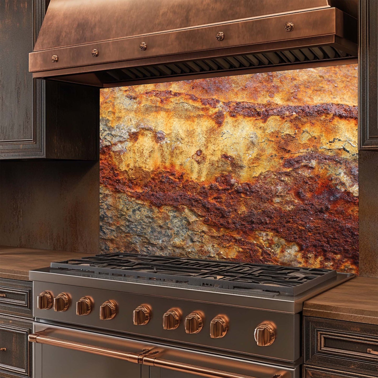 Stainless steel stove with copper accents and a rustic glass backsplash