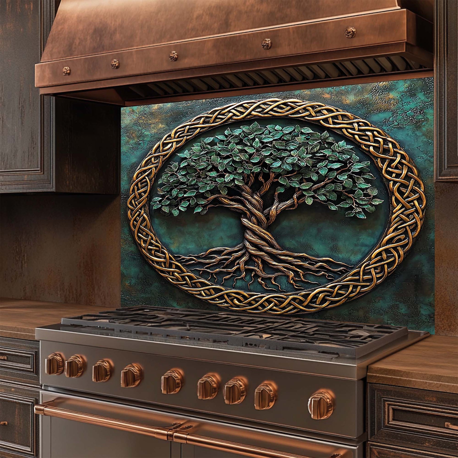 Decorative stove with tree of life design on a glass backsplash