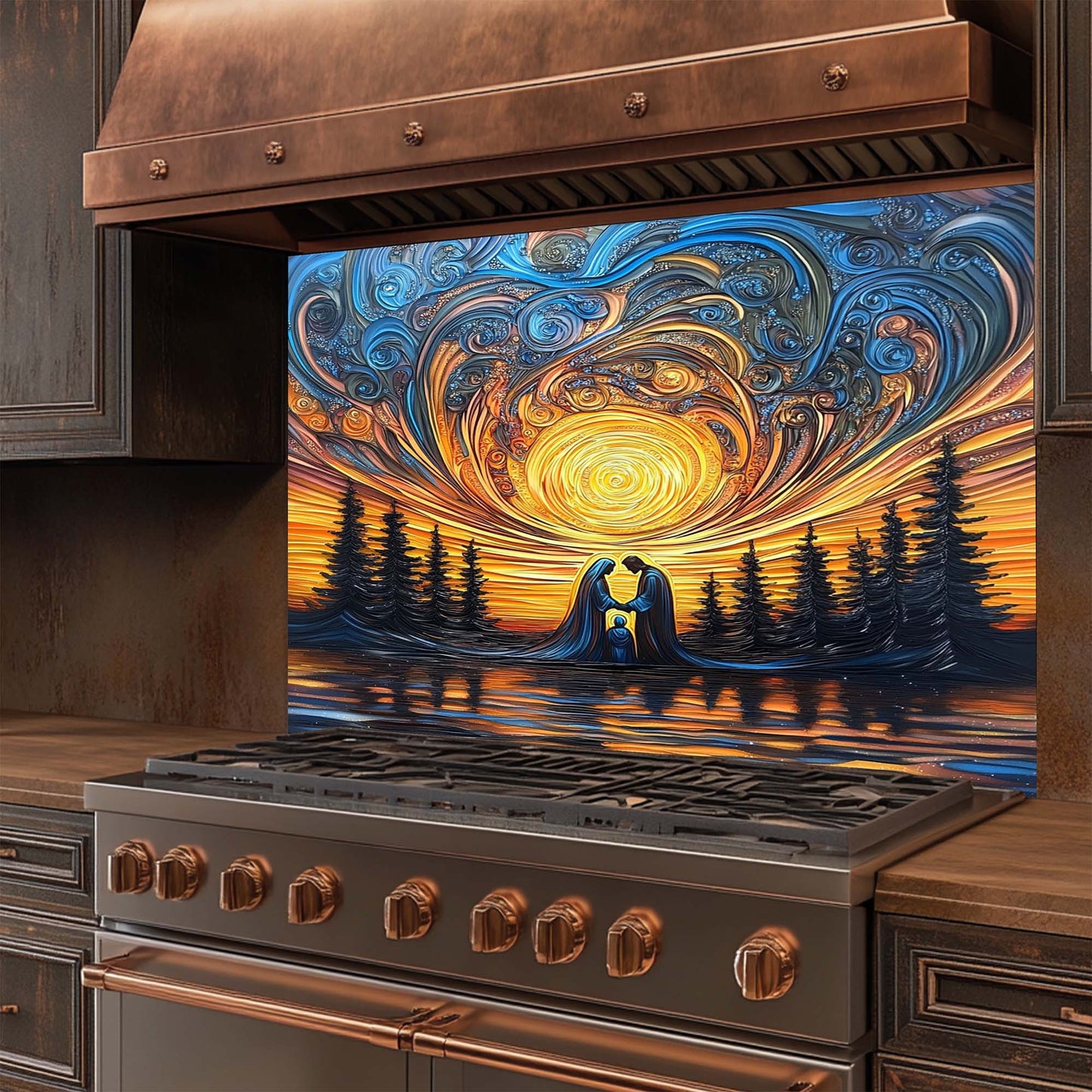Decorative glass backsplash with abstract design of a couple embracing under a spiral sky, placed above a stove.