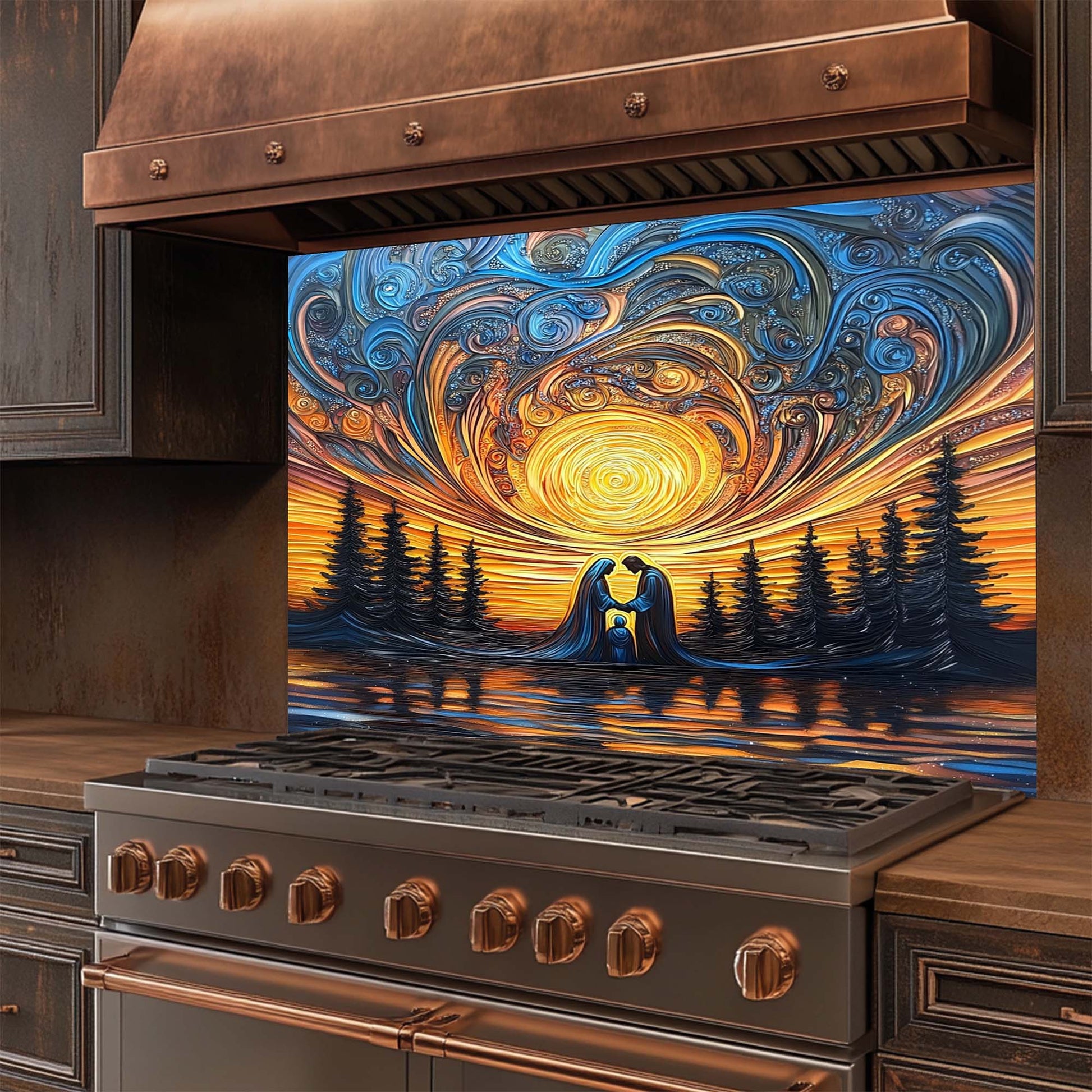Decorative glass backsplash with abstract design of a couple embracing under a spiral sky, placed above a stove.