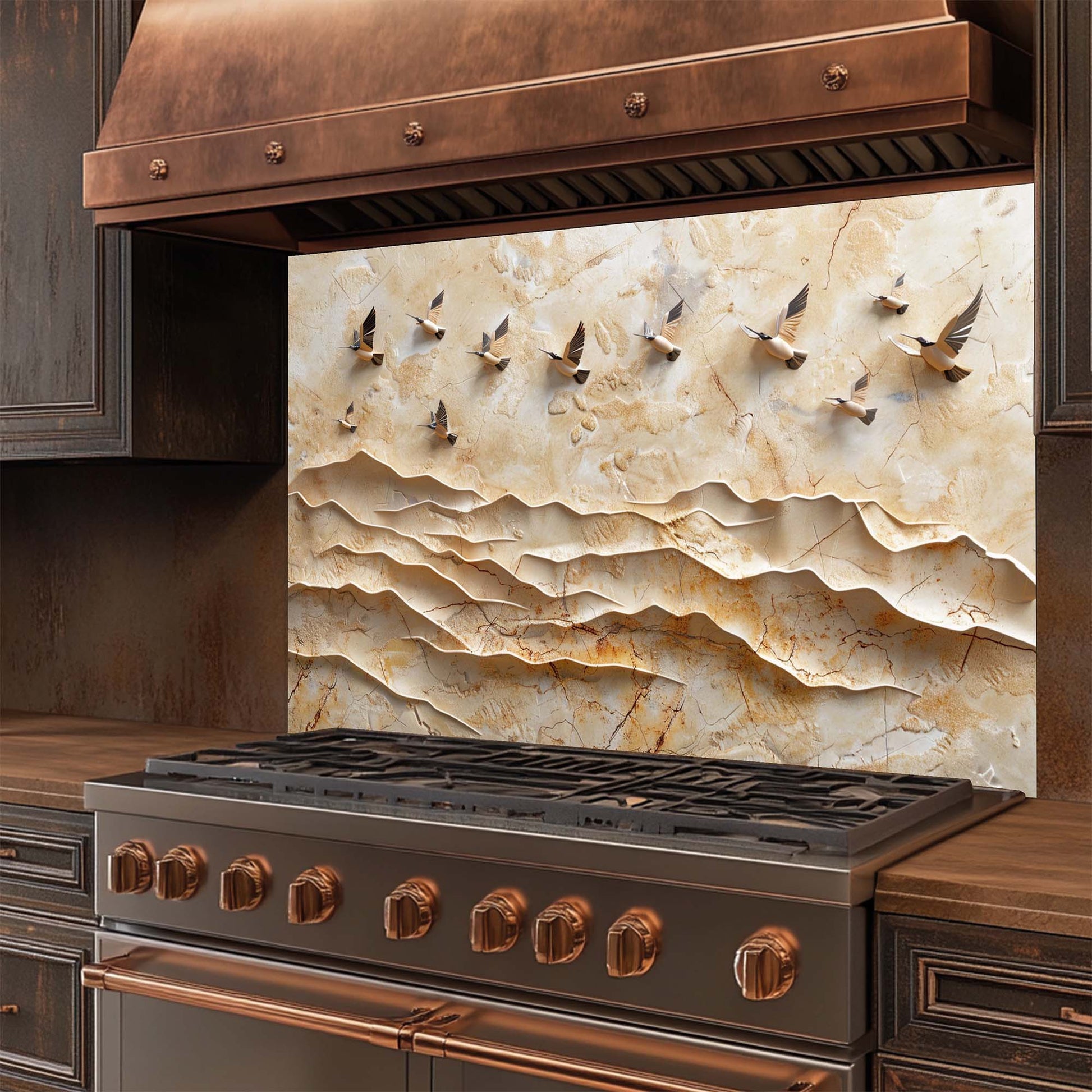 Stainless steel stove with copper accents glass backsplash in a kitchen setting
