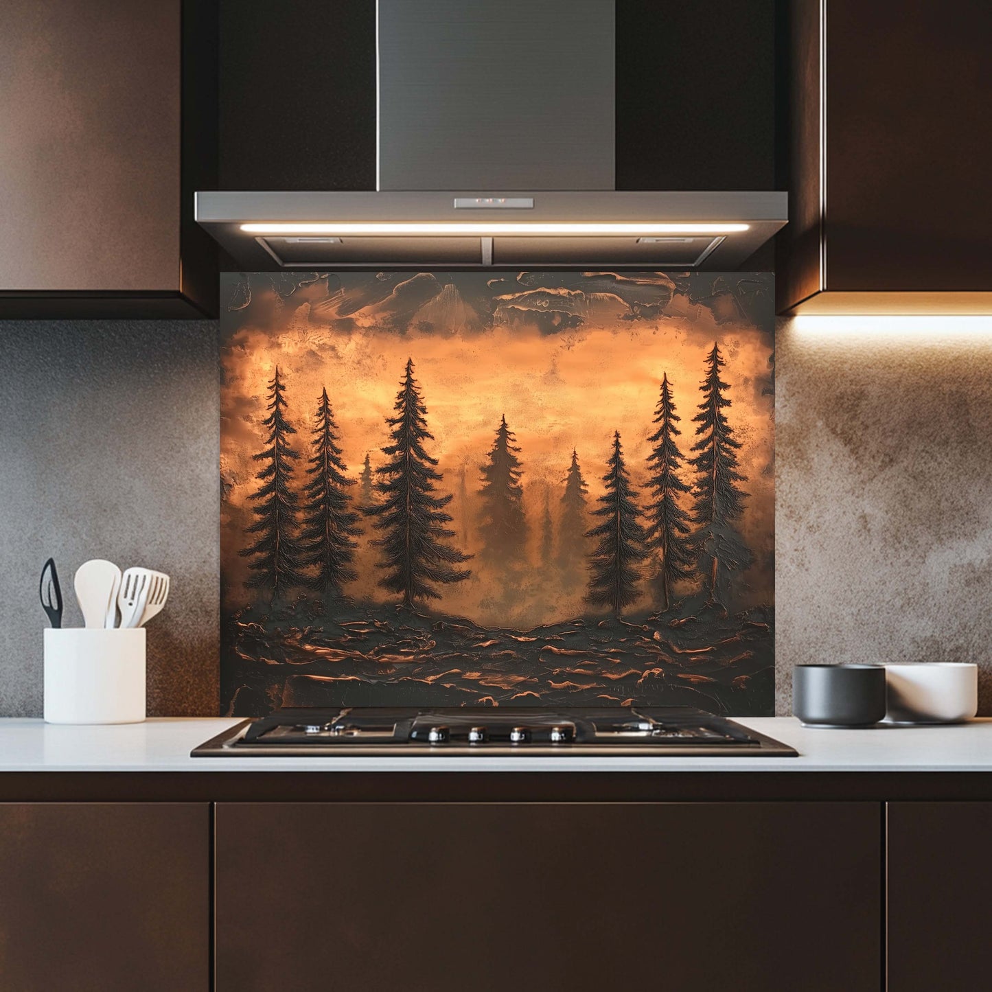 Kitchen with a decorative glass backsplash featuring a forest design.