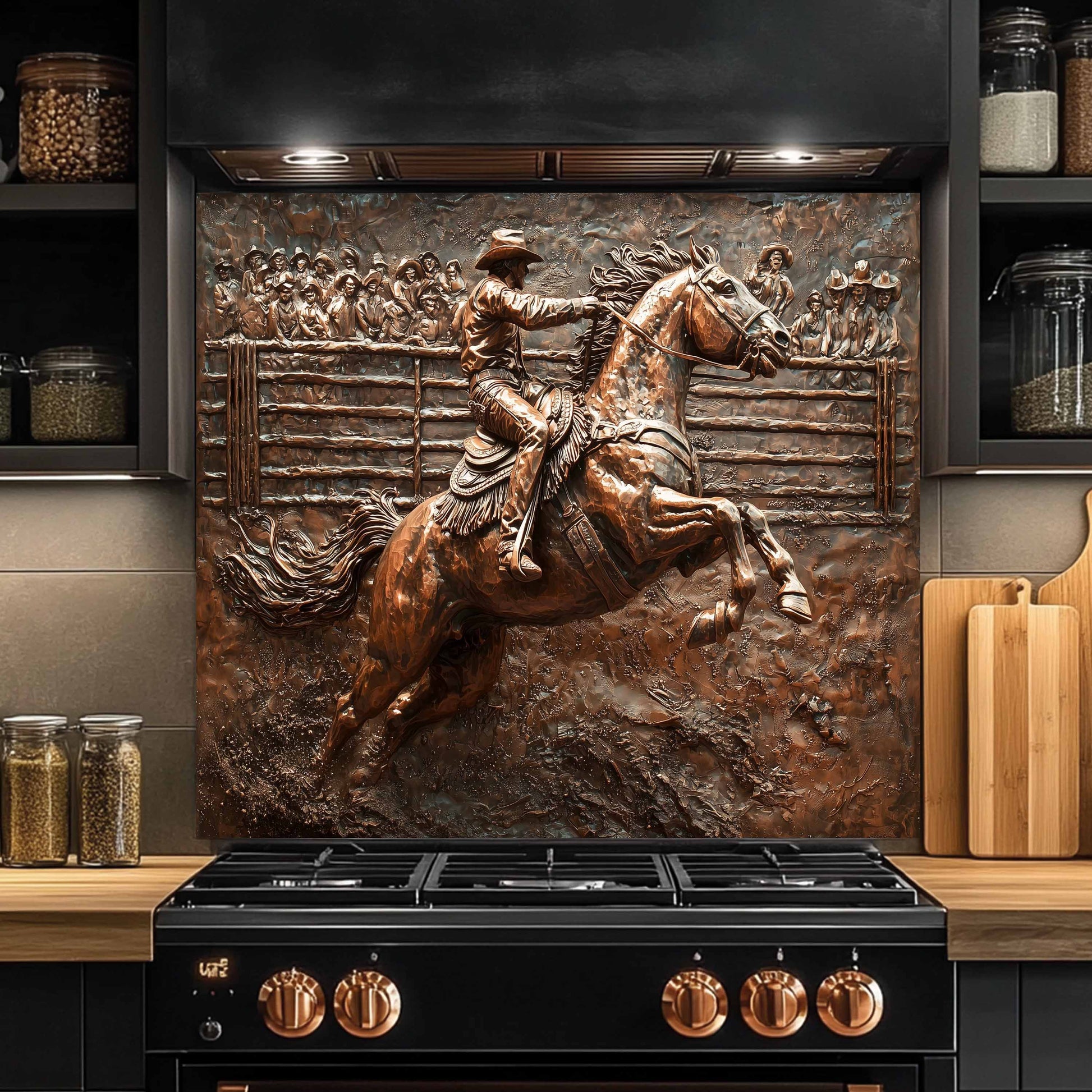Decorative backsplash with a cowboy and horse design above a black stove in a kitchen.