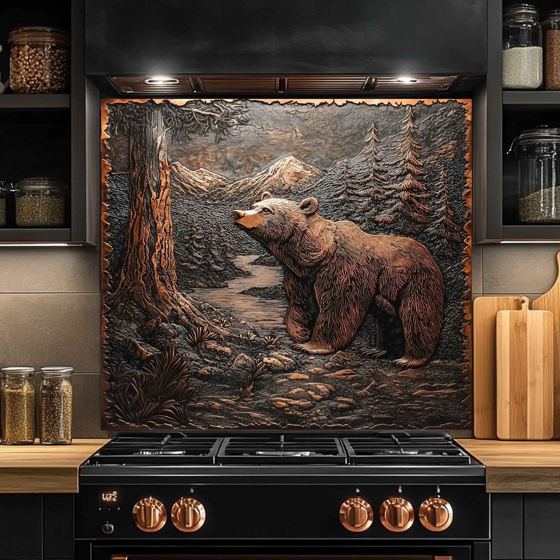 Kitchen with a decorative splashback featuring a bear in a forest scene above a stove.