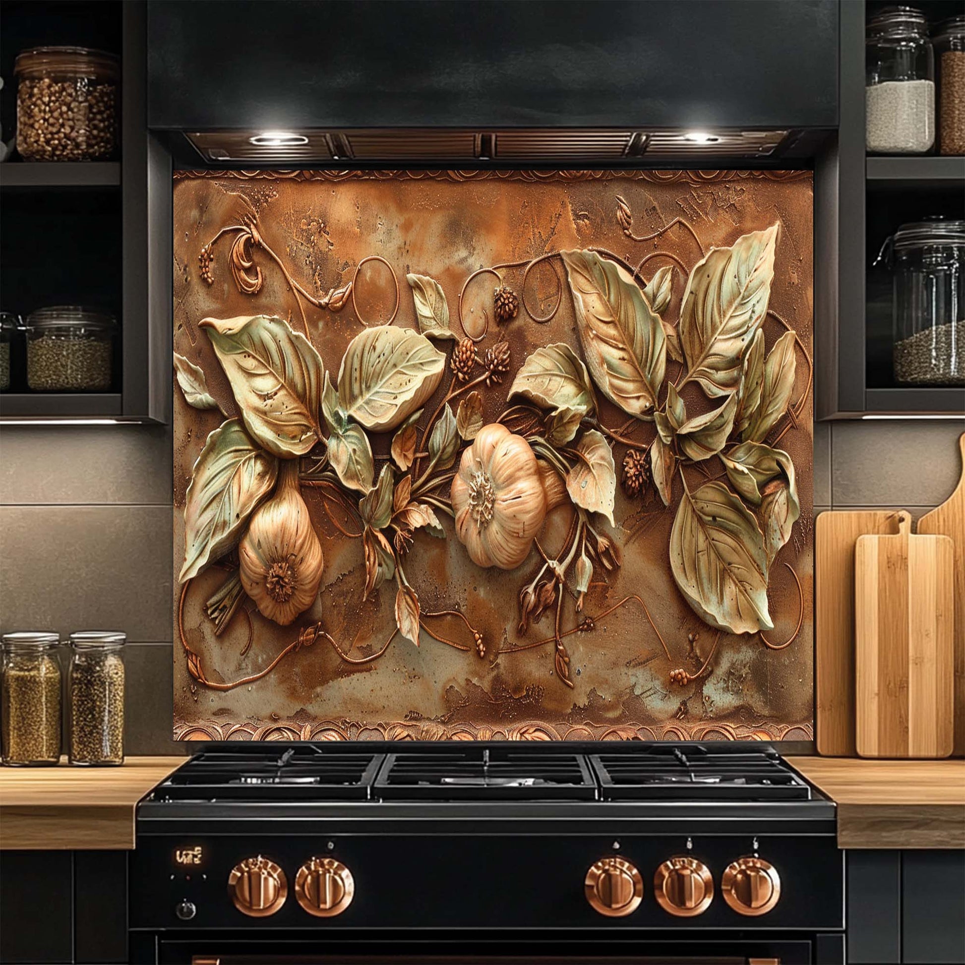 levate your kitchen with Golden Harvest Relief – a Tuscan-inspired tempered glass backsplash with garlic, pumpkin & copper tones. Heat-resistant and easy to clean.
