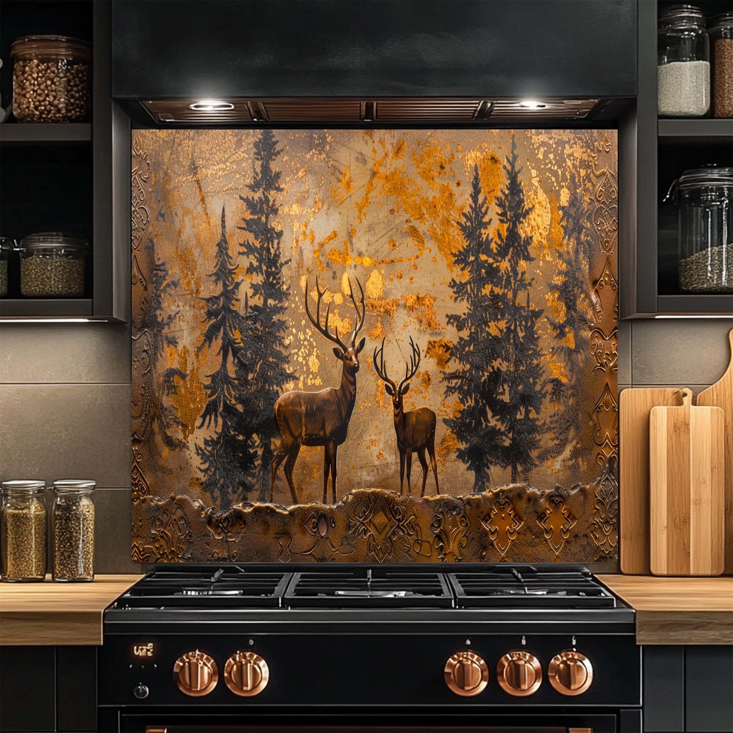 Kitchen backsplash with deer design above a black stove in a kitchen.
