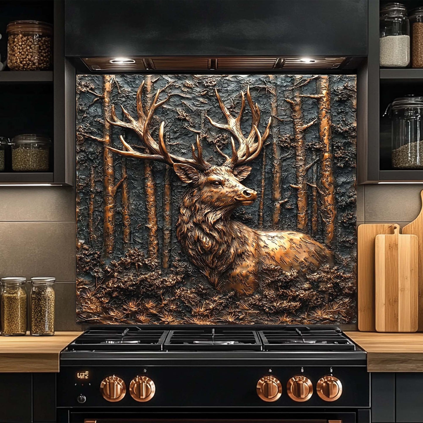 Copper forest design with deer head – rustic tempered glass backsplash for kitchen and stove backsplash tile alternative.