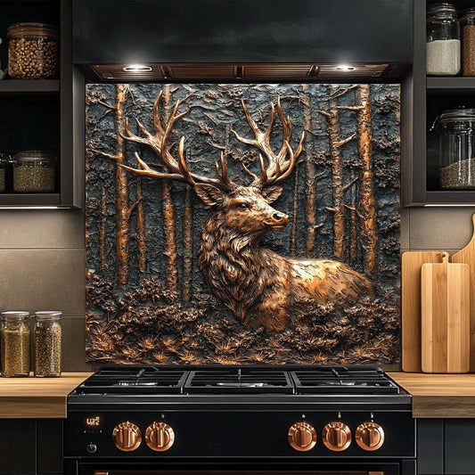 Copper forest design with deer head – rustic tempered glass backsplash for kitchen and stove backsplash tile alternative.