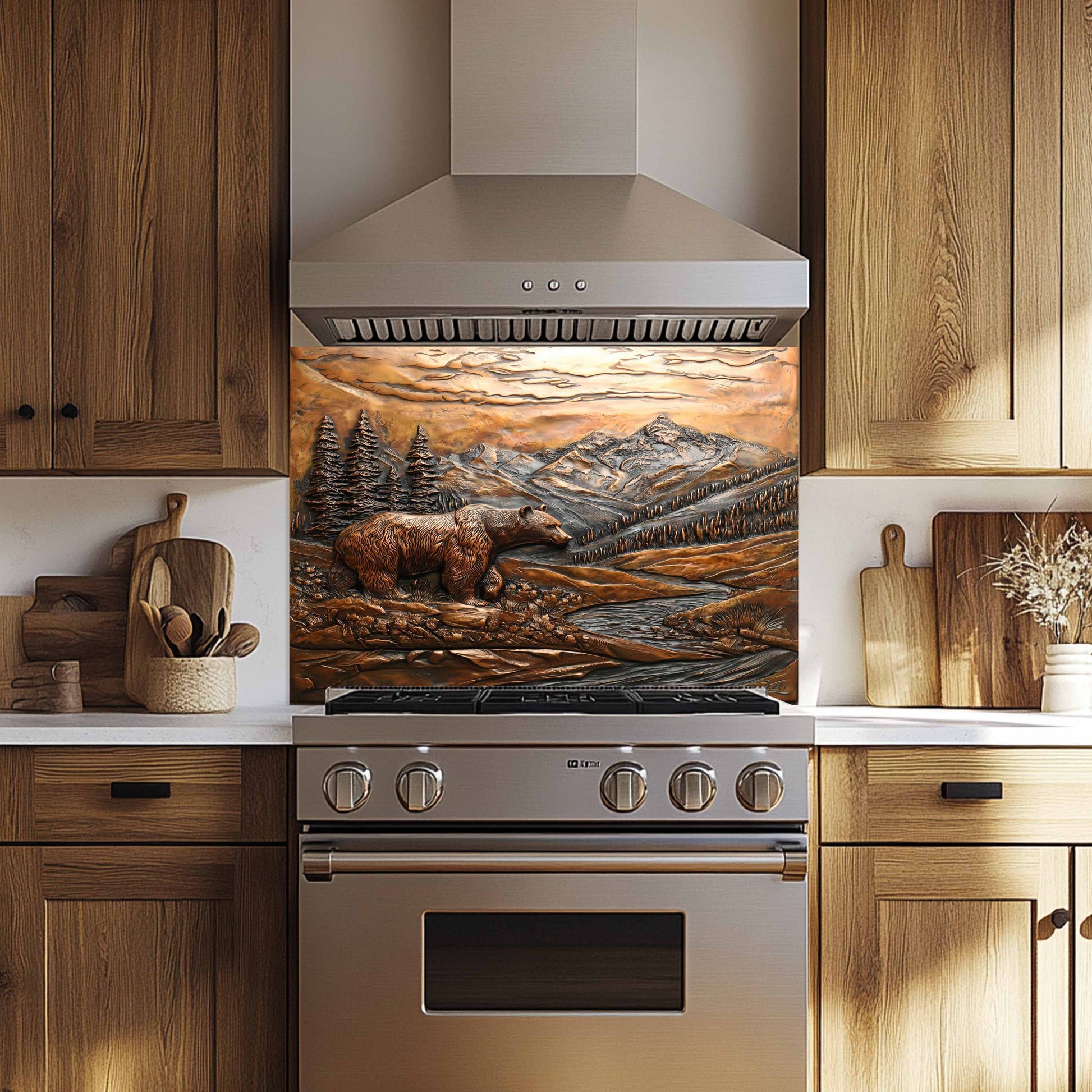 Tempered glass backsplash with bronze bear design