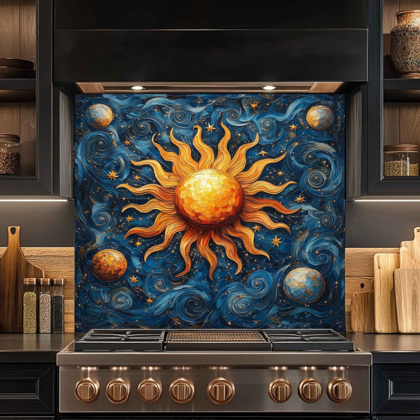 Stainless steel stove with a decorative backsplash featuring a sun and celestial design.
