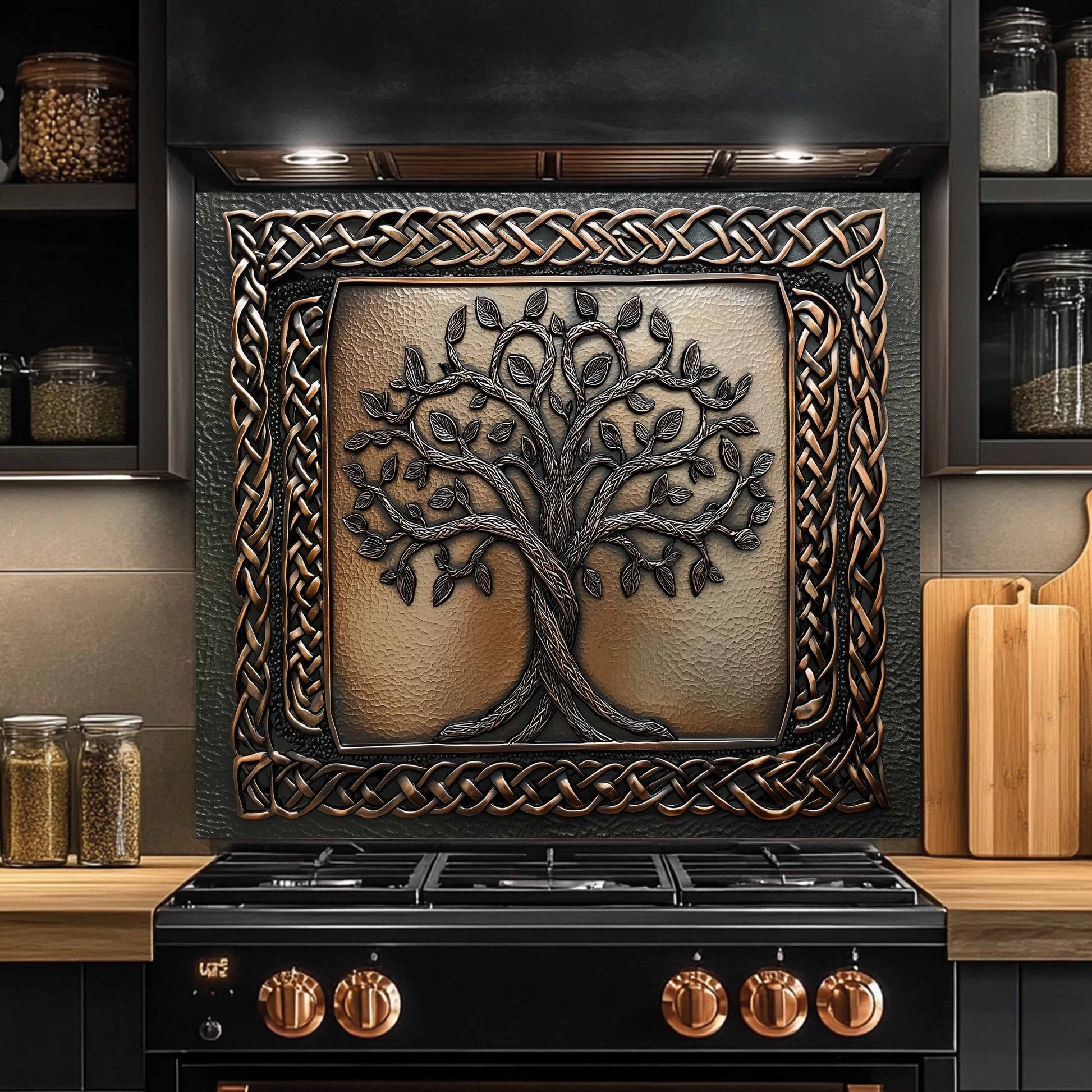 Decorative splashback with tree design above a black stove in a kitchen.