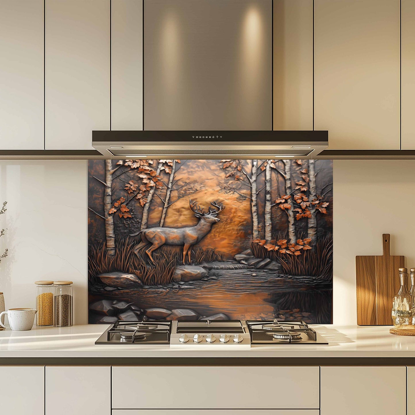 Decorative glass splashback with deer design in a modern kitchen
