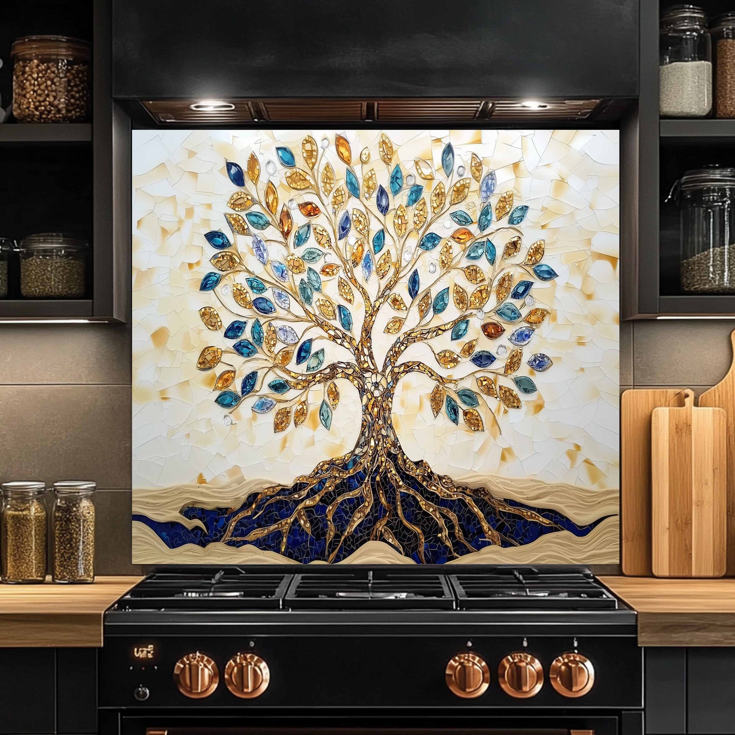 Decorative glass splashback with a tree design in a kitchen setting