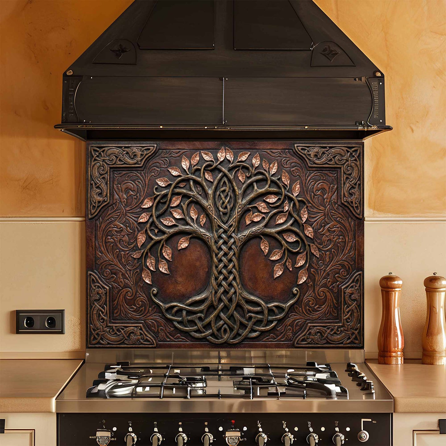 Decorative copper tree of life design on a kitchen stove backsplash.