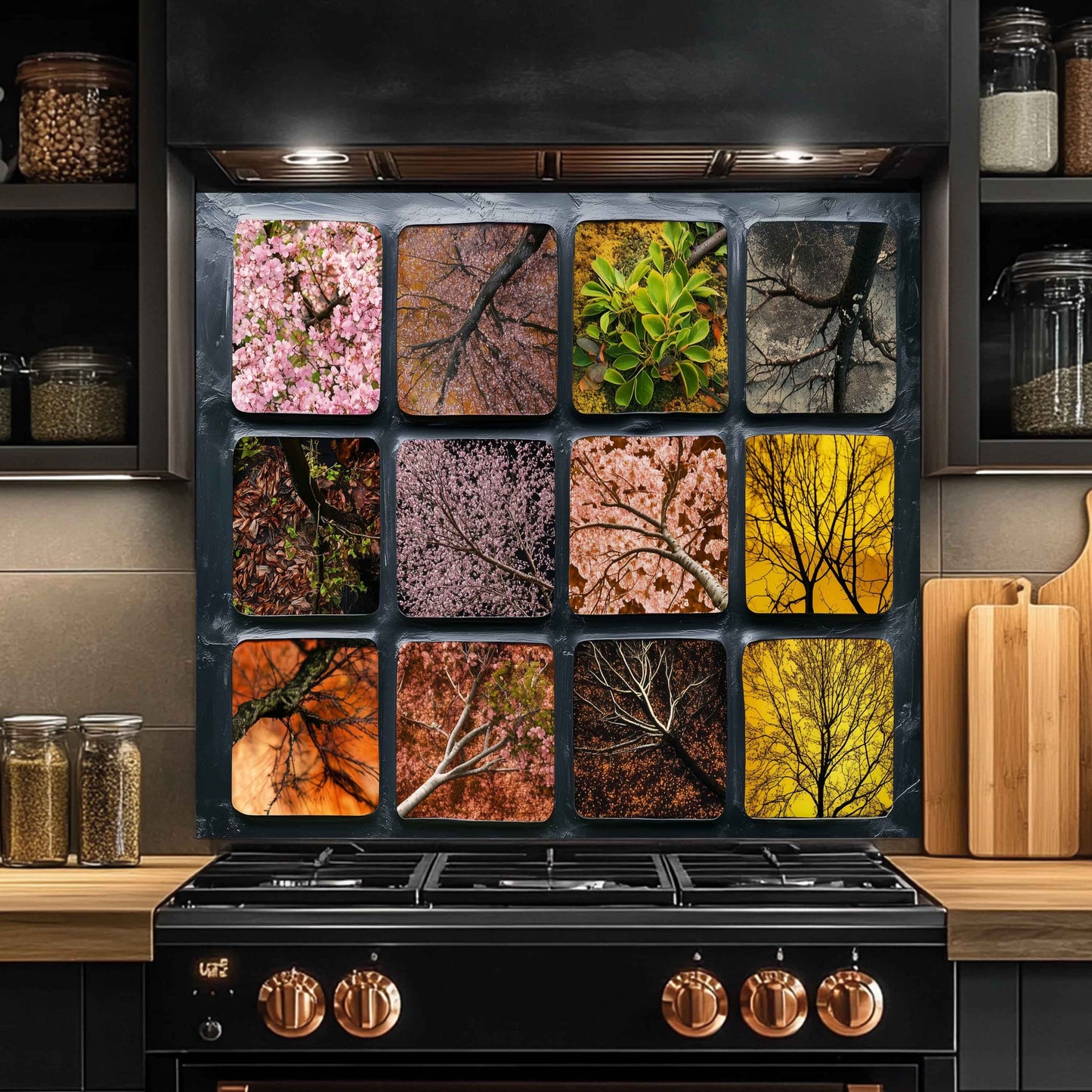 Modern kitchen with a black stove and decorative backsplash featuring nature-themed images.