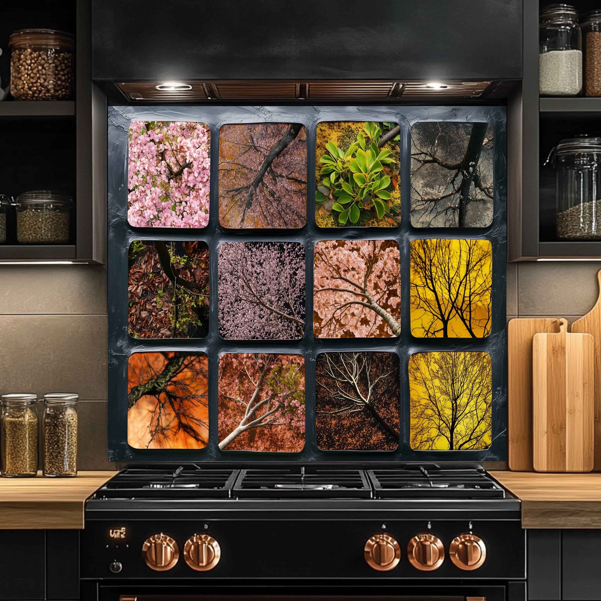 Modern kitchen with a black stove and decorative backsplash featuring nature-themed images.