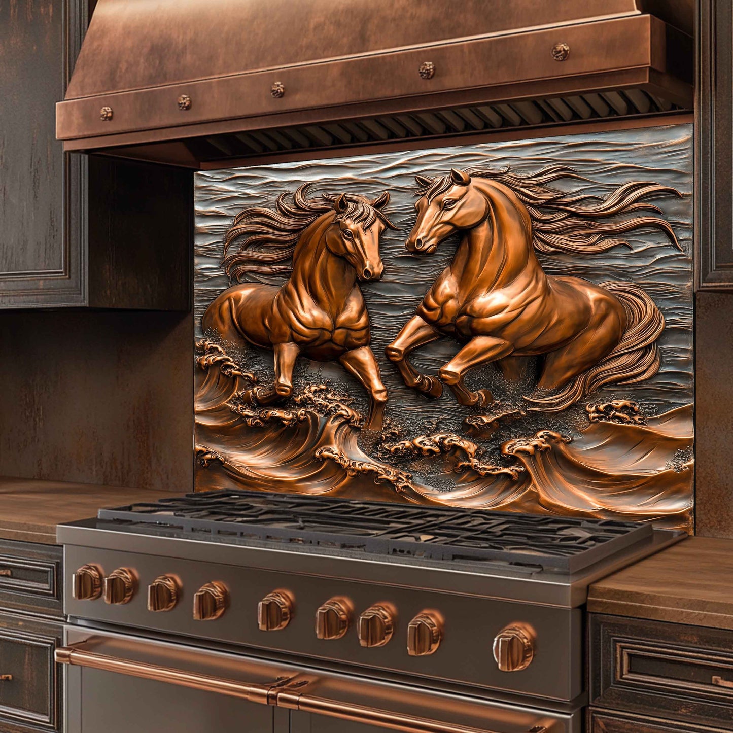 Stainless steel stove with decorative horse panel on the back splash