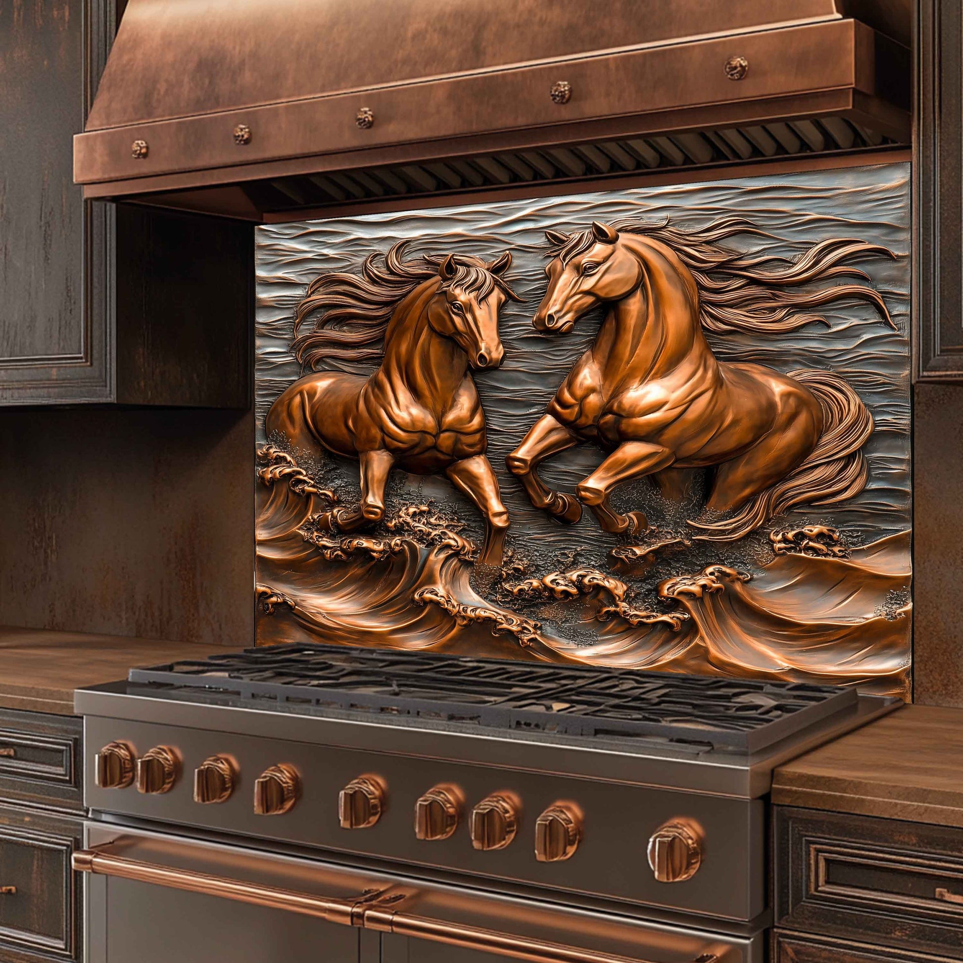Stainless steel stove with decorative horse panel on the back splash