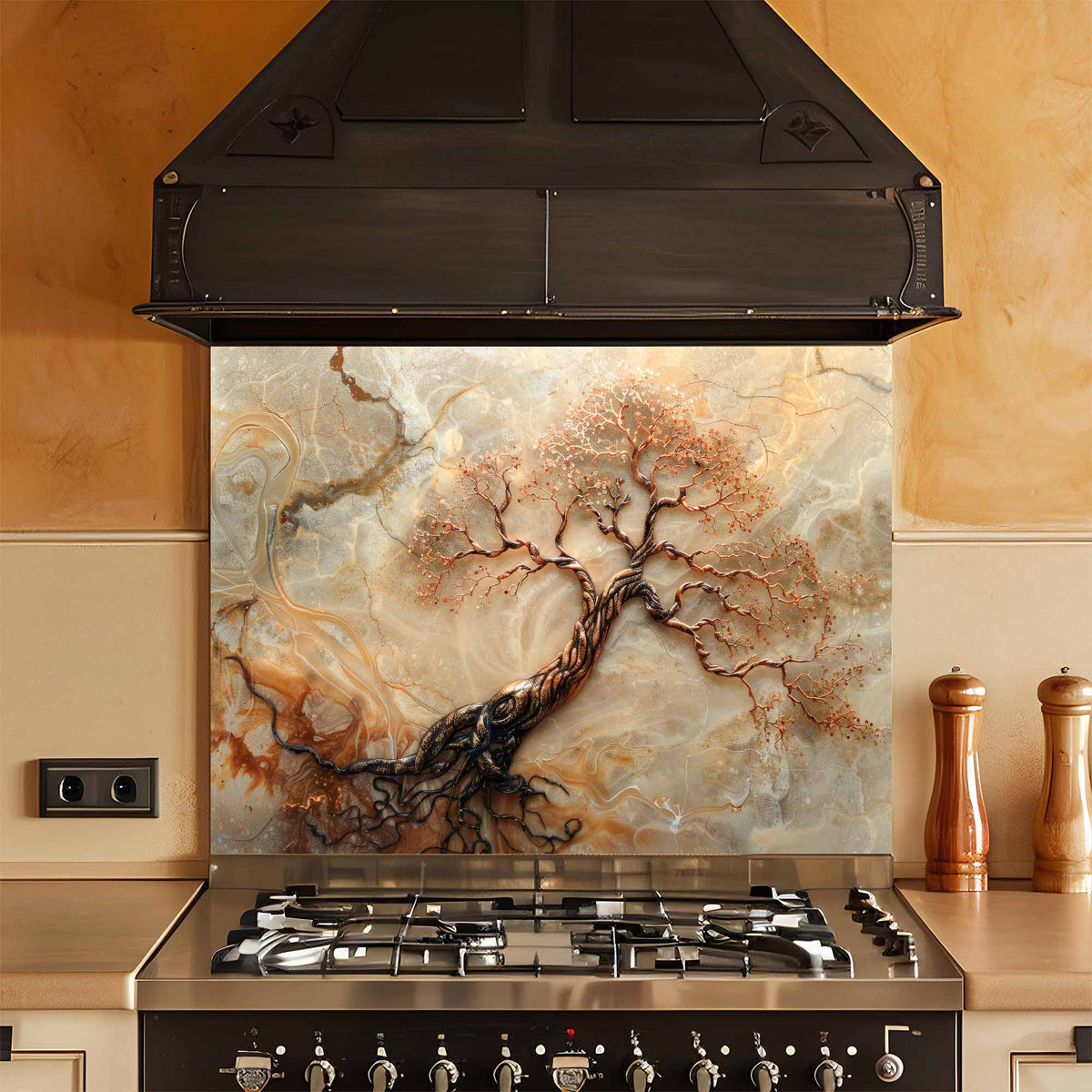 Stainless steel stove with decorative glass splashback featuring tree design in a kitchen setting.