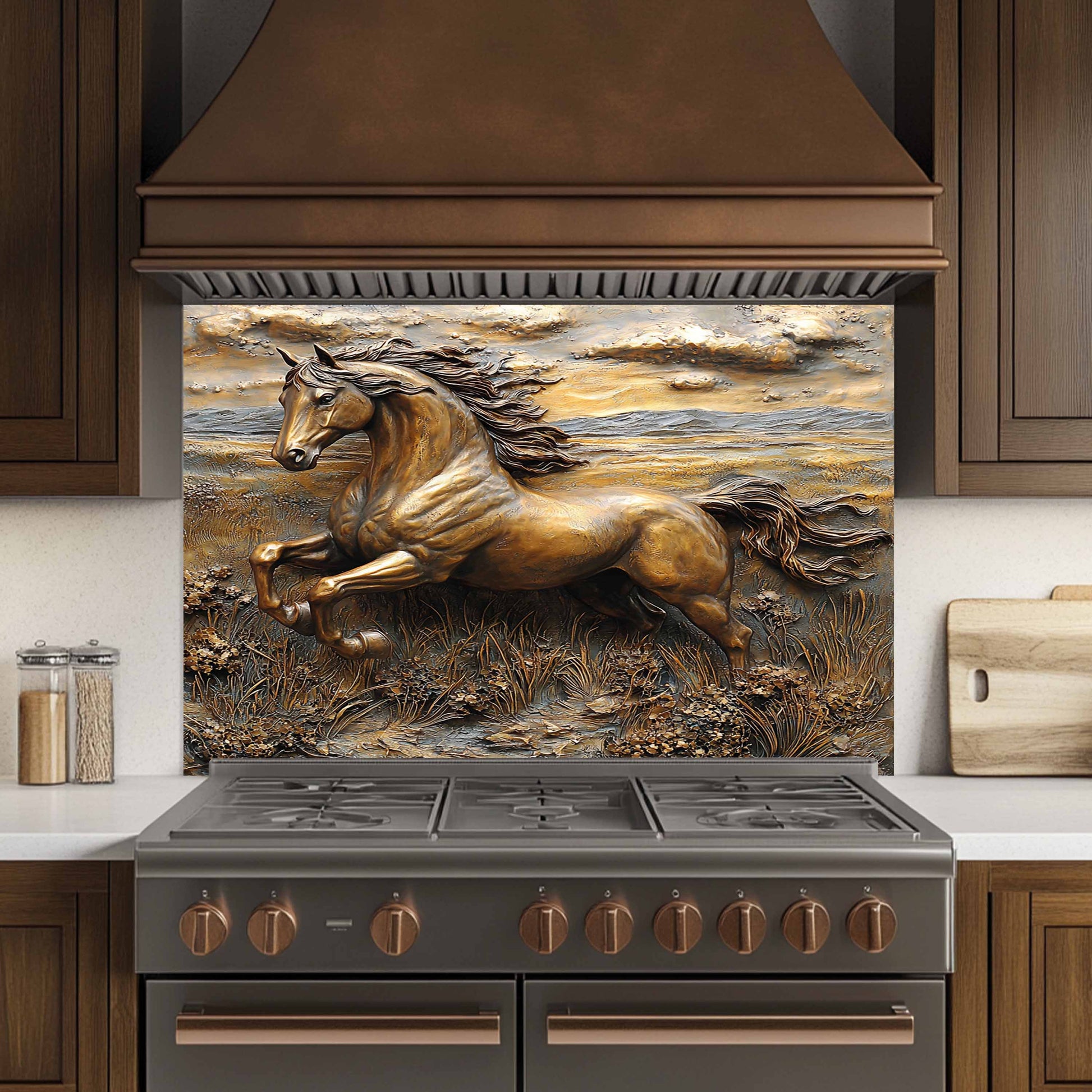 Stainless steel stove with a decorative backsplash featuring a horse running, set against a kitchen backdrop.