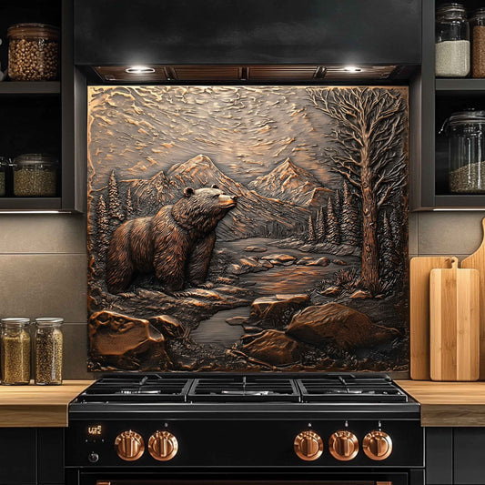 Kitchen with a decorative backsplash panel featuring a bear and mountain landscape above a black stove.