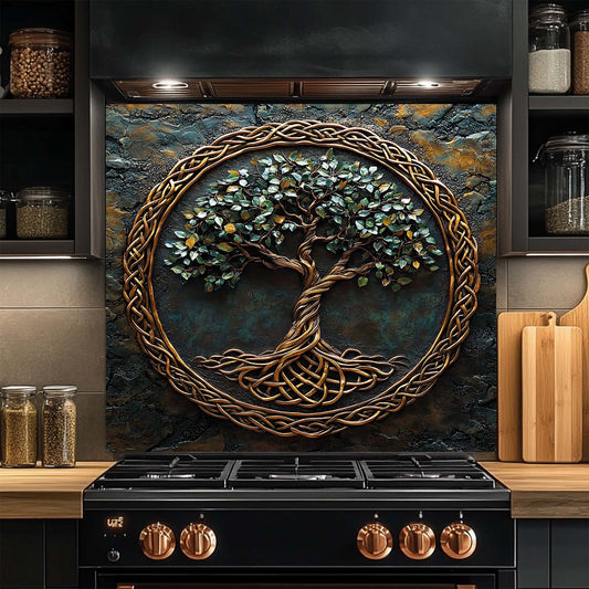Decorative glass backsplash with a tree design above a stove in a kitchen setting.