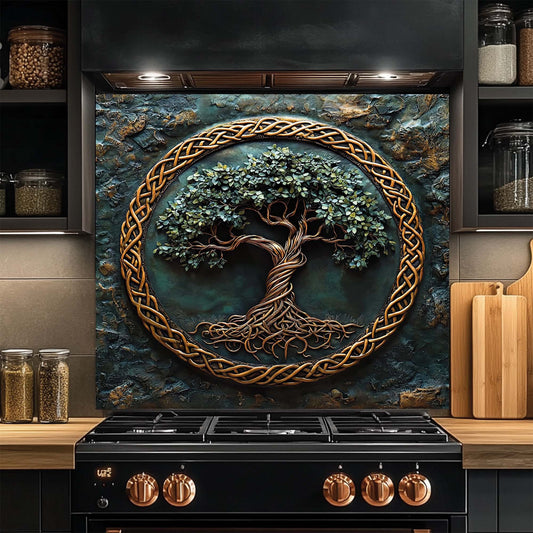 Decorative glass backsplash with a tree and Celtic knot design above a kitchen stove.