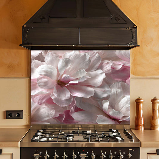 Kitchen stove with a floral glass splashback
