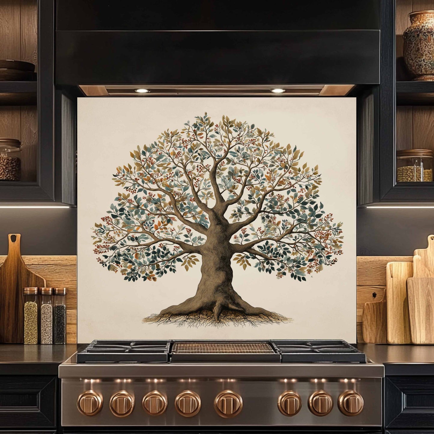 Decorative glass backsplash of a tree on a kitchen wall above a stove.