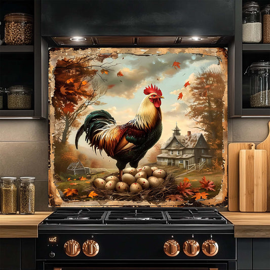 Decorative glass backsplash with a rooster and eggs on a kitchen stove