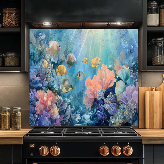 Kitchen stove with an aquarium-themed glass backsplash featuring fish and coral.