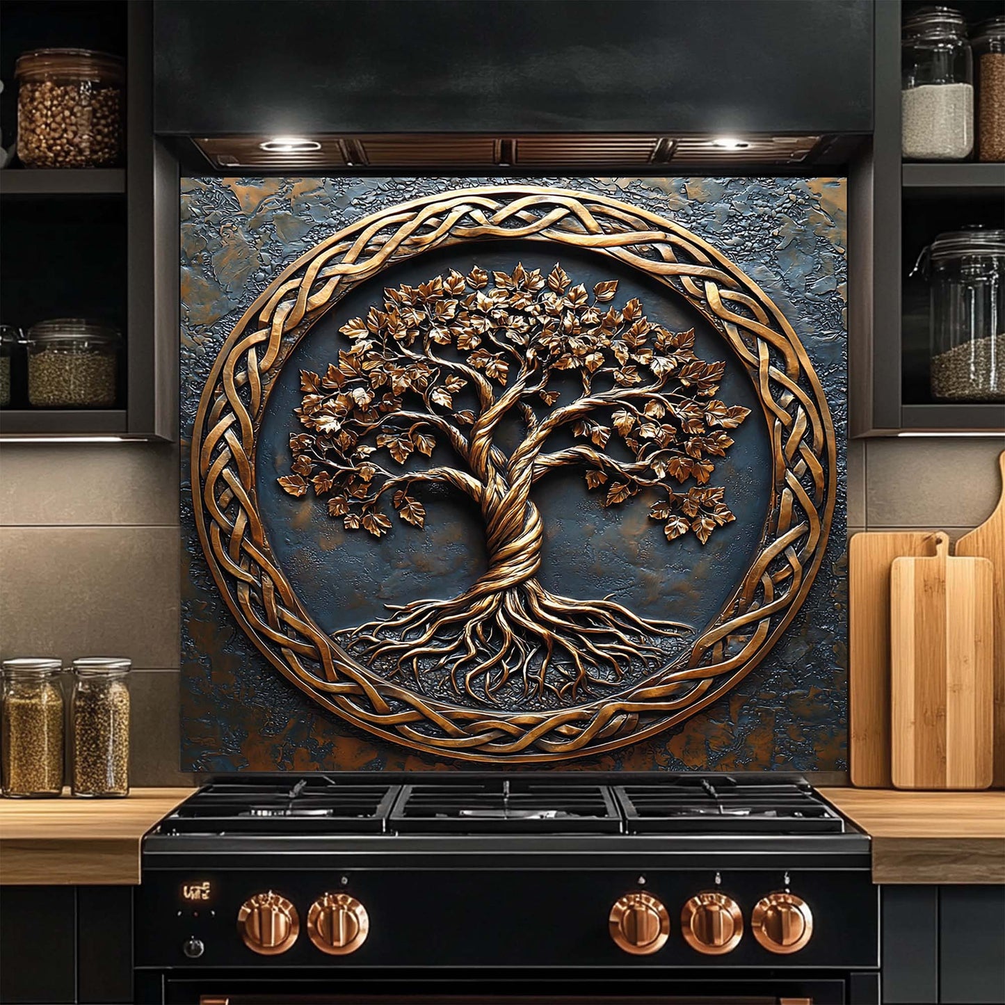 Decorative glass backsplash with a tree design above a kitchen stove.