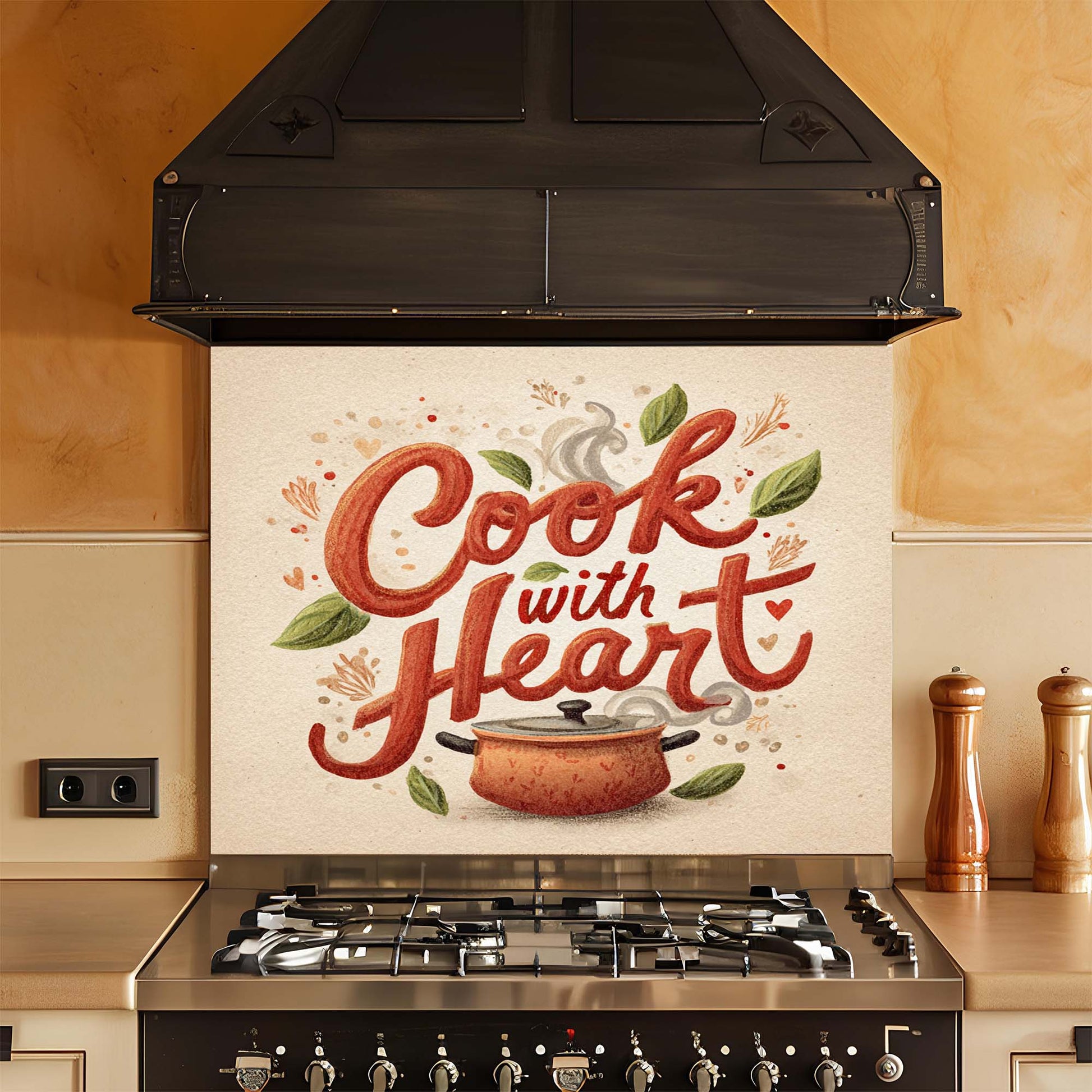 Stove with decorative backsplash featuring the text 'Cook with Heart' in a kitchen setting.