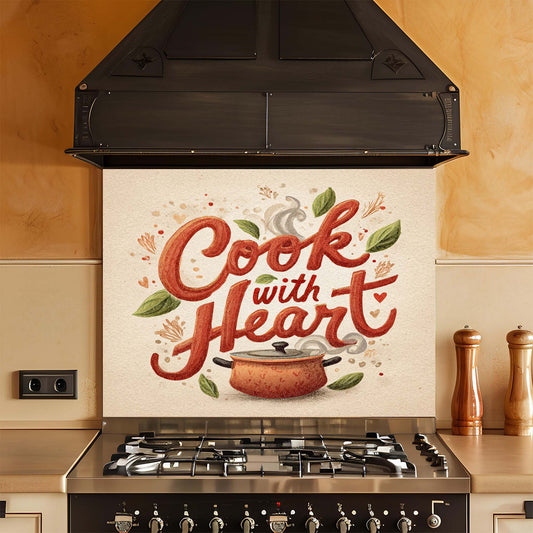 Stove with decorative backsplash featuring the text 'Cook with Heart' in a kitchen setting.
