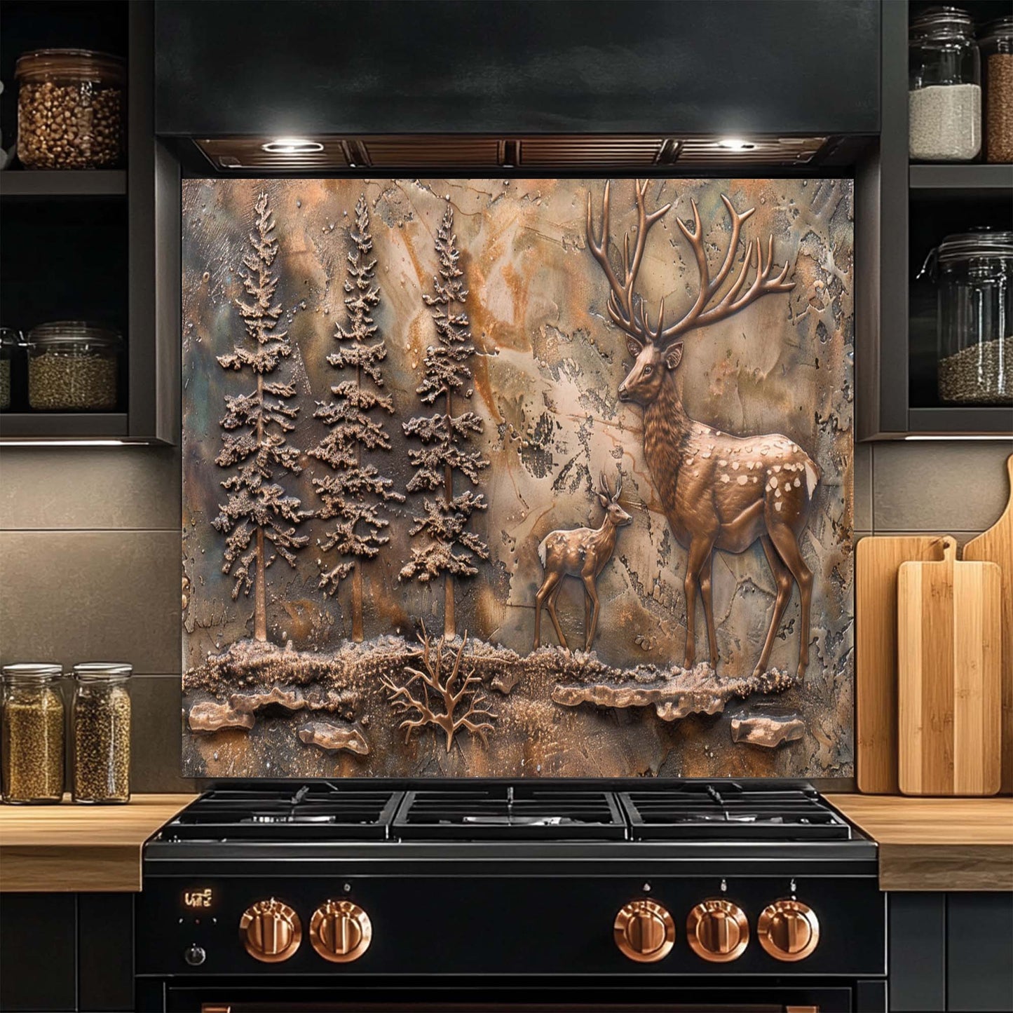 Decorative glass backsplash with deer and forest design above a black stove in a kitchen.