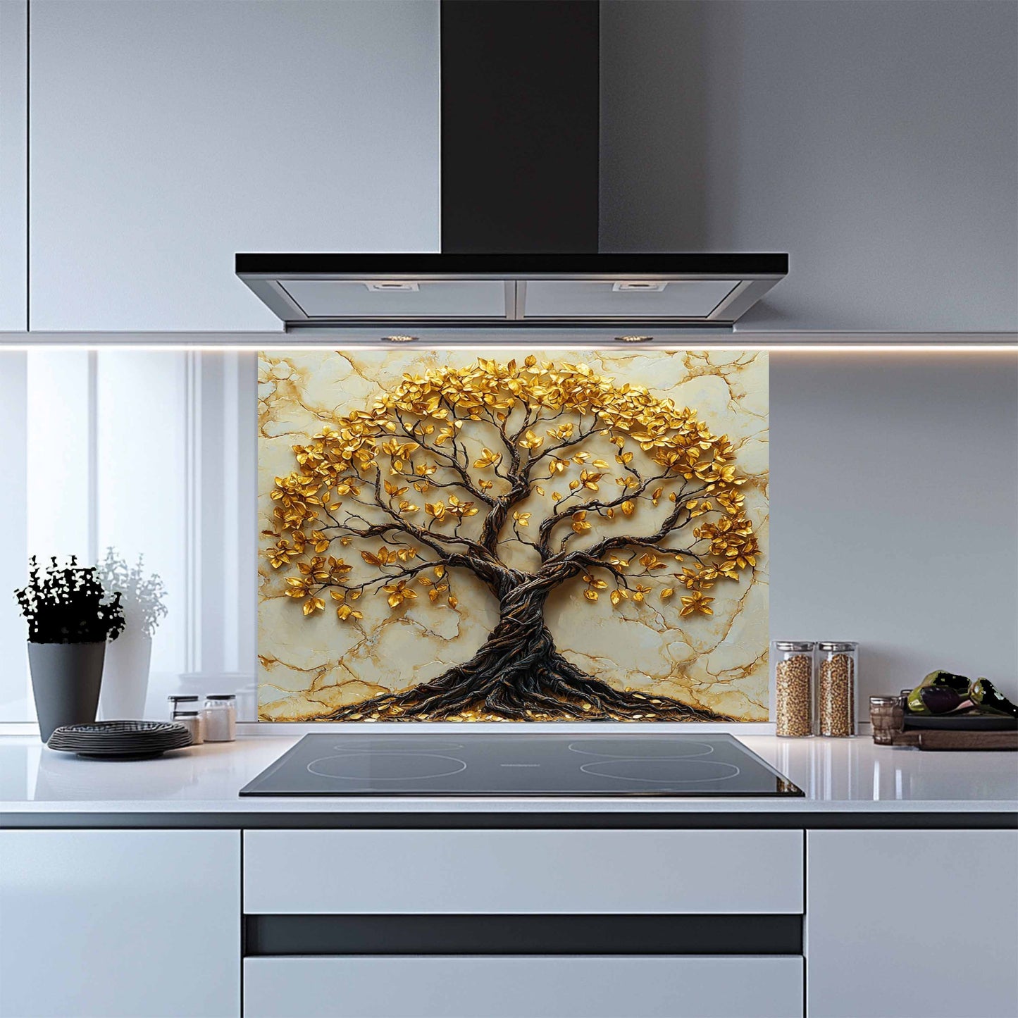 Kitchen with a decorative glass splashback featuring a tree design.