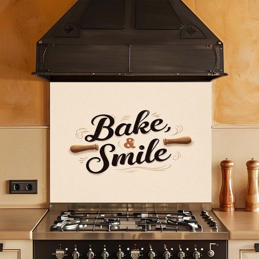 Kitchen stove with 'Bake & Smile' glass backsplash on a beige wall.