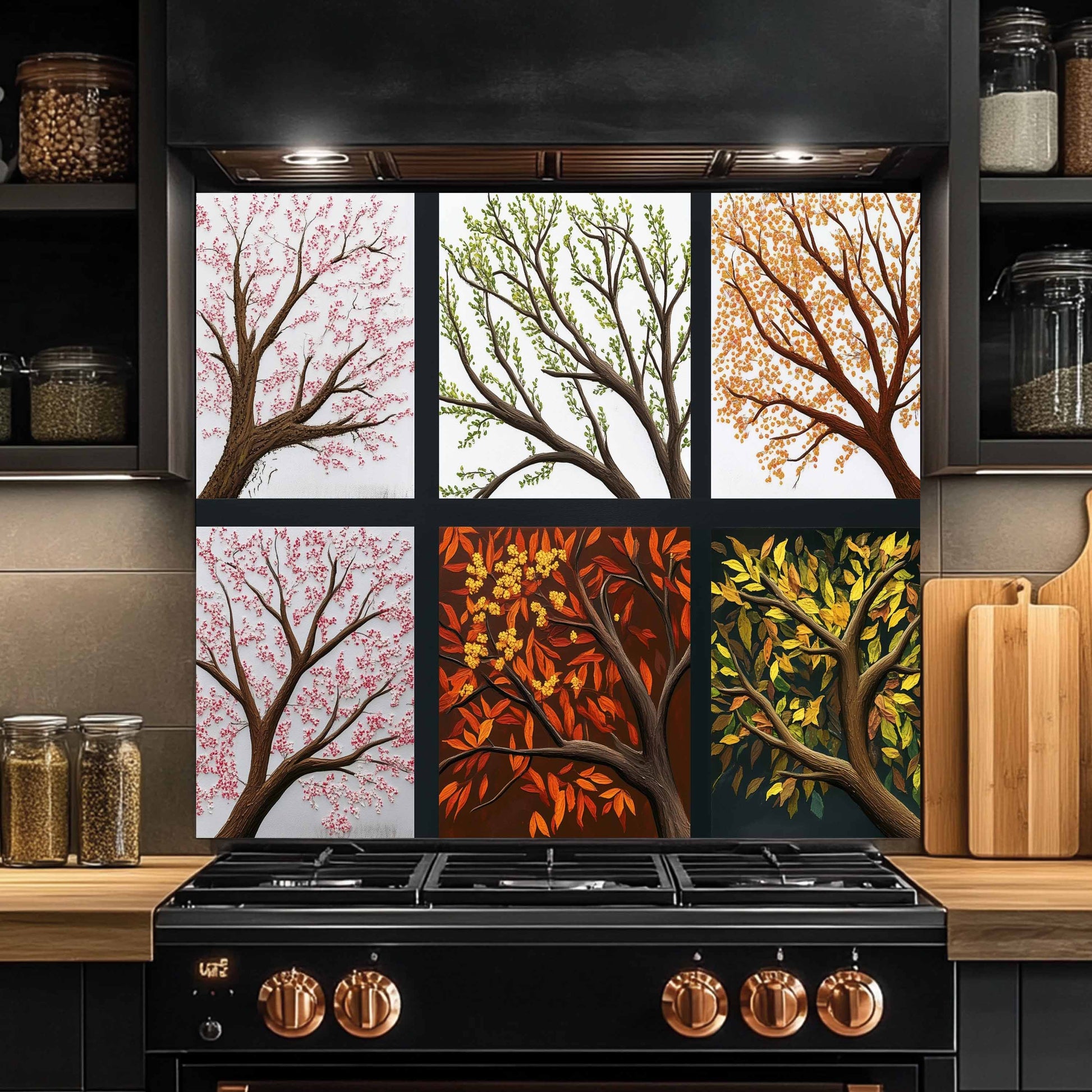 Kitchen stove with decorative glass backsplash of trees in four seasons