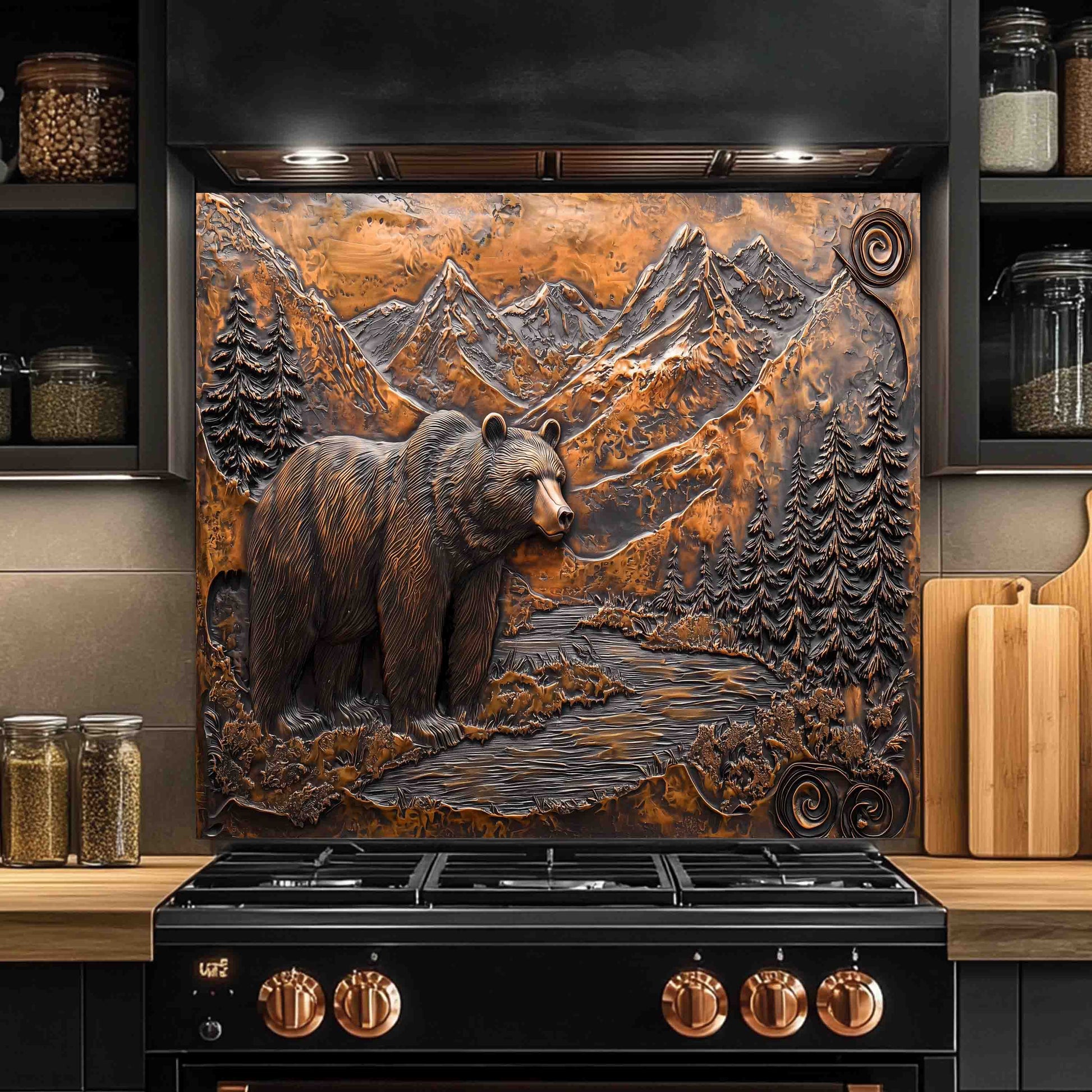 Decorative backsplash with bear and mountain design above a black stove in a kitchen.