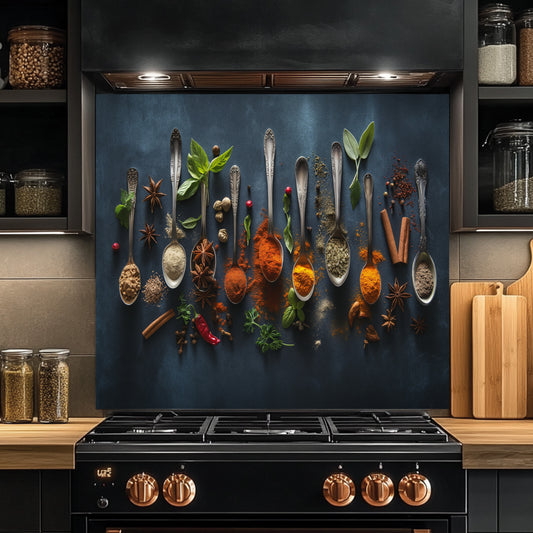 Kitchen with a decorative backsplash of spices and herbs, featuring a stove and shelves with jars.